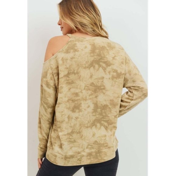 (NWT) Tan Tie Dye Print Cold Shoulder Top - Picture 3 of 4